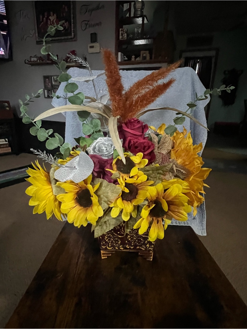 Sunflower & Burgundy Autumn Floral Arrangement - Home Accents